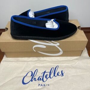 Chatelles Paris Furlane Black Velvet Blue Trim Venetian Slipper Loafers 35- 5 US